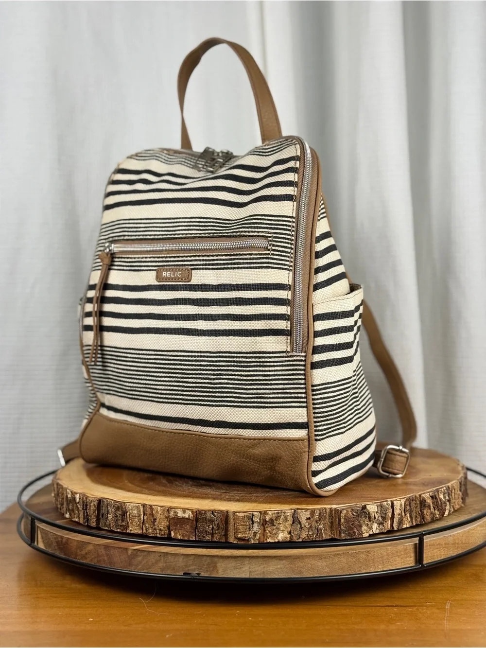 Relic Striped Black & Cream Canvas Backpack Purse with Tan Trim - EUC